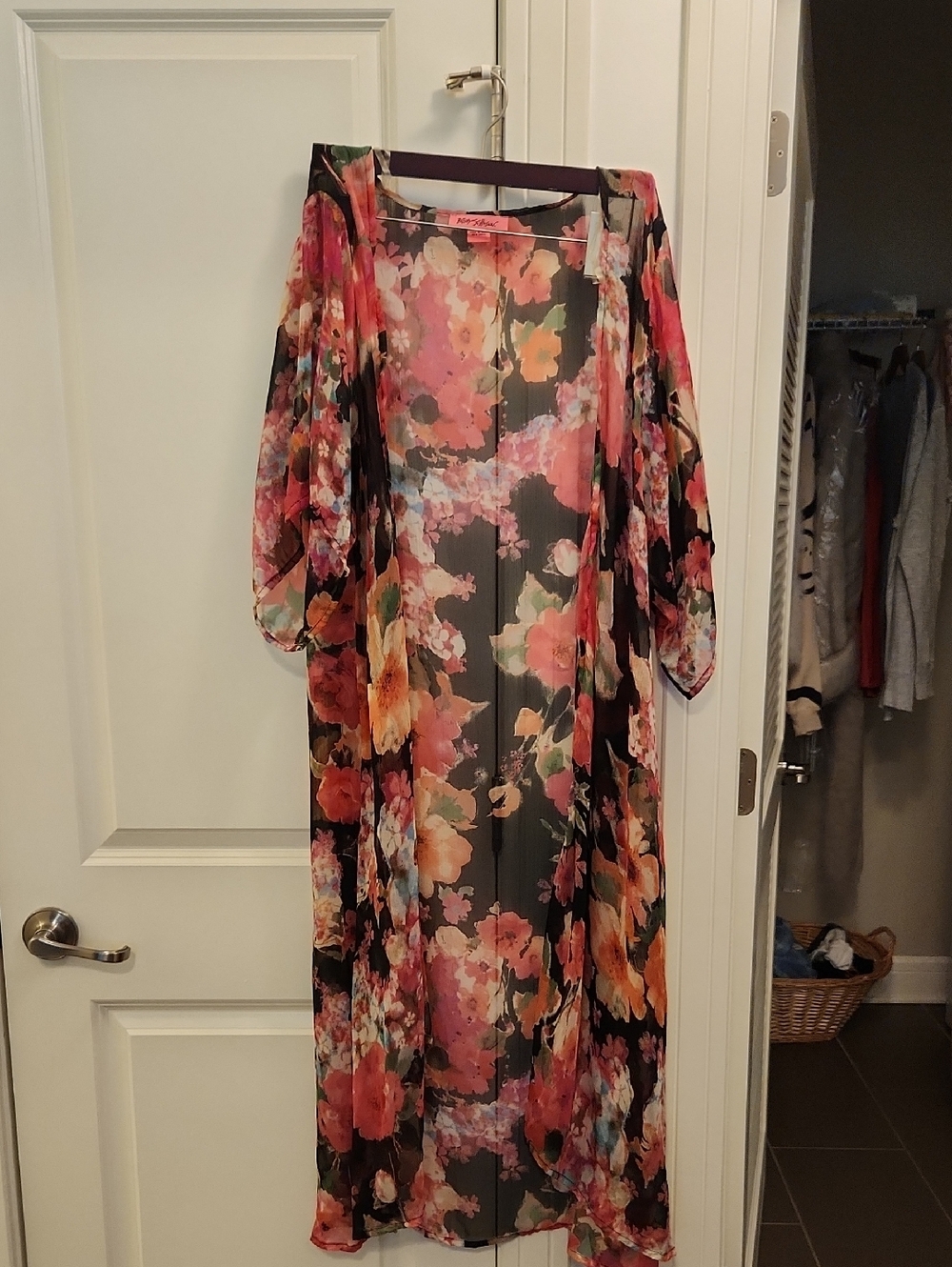 NWOT Betsey Johnson Floral Sheer Black Pink Orange Tunic Kimono